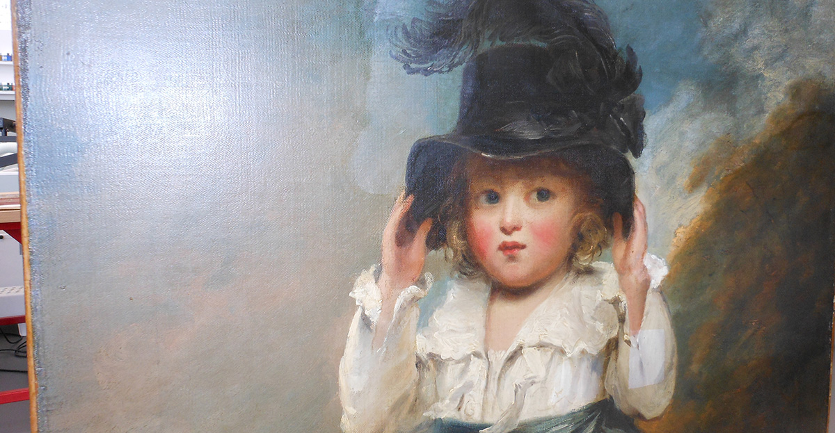 A painting of a young white girl in a big hat with a feather