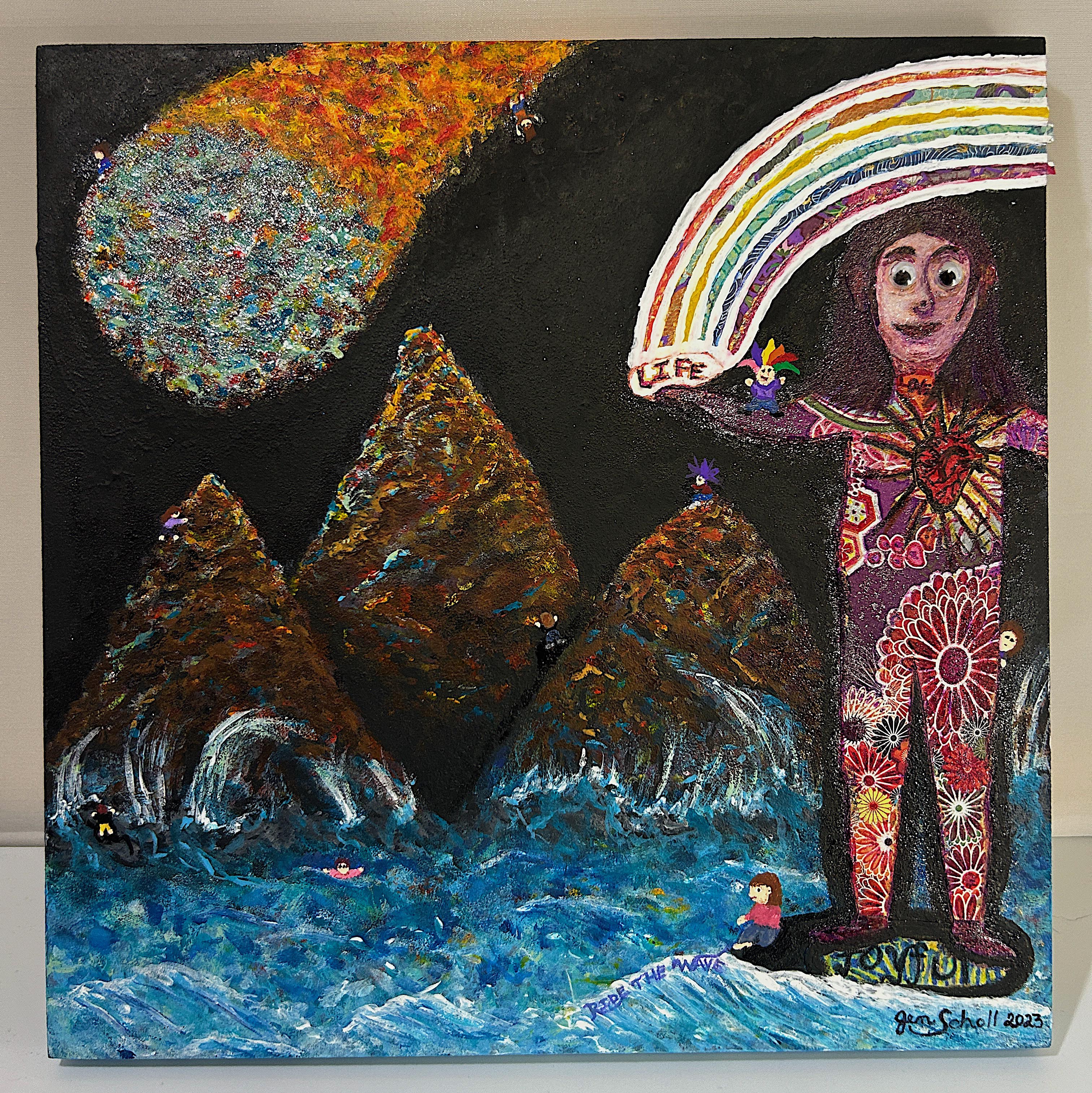 A light-skinned nude figure covered in colorful floral tattoo-like patterns stands on a body of water. In the figure's outstretched arms is a rainbow, in the background lies a mountain range, and in the sky a meteor plummets down towards the entire scene.