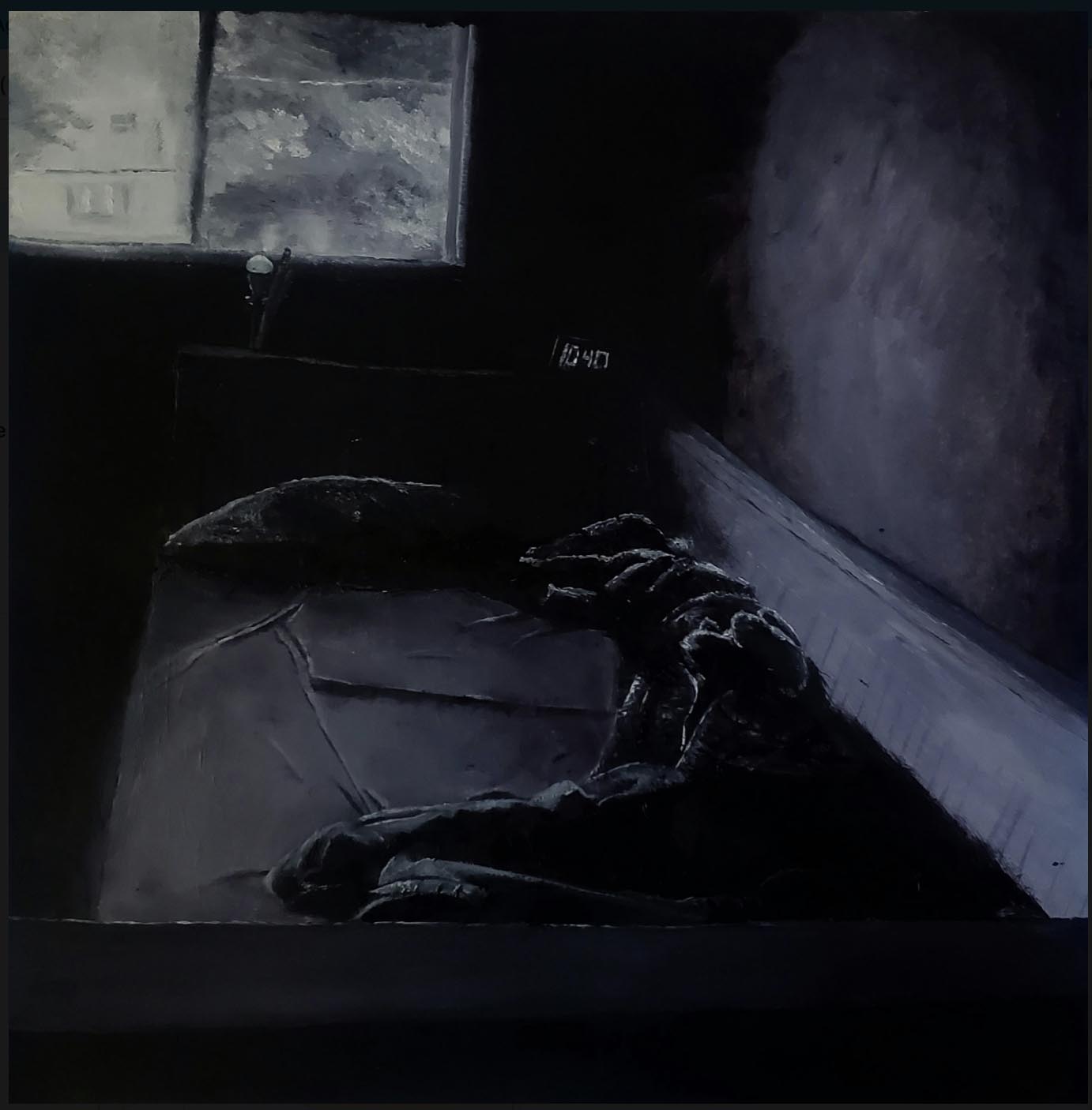 An open grey-toned window dimly illuminates a dark corner of a room; The window has a faint outline of a house and the outside world behind it. An unmade bed and an alarm clock reading 10:40 are the only things visible beside the room's walls. The scene feels freshly vacated and has an aura of haste.