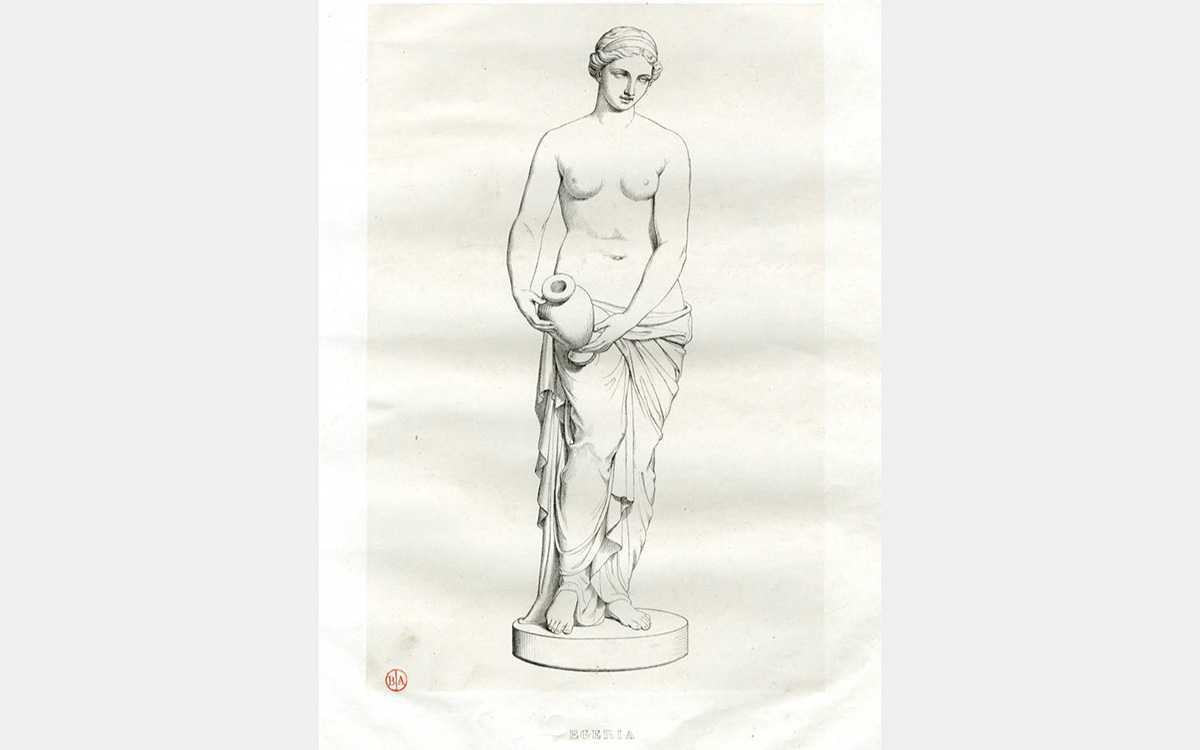 Black on white printed image of woman carrying a vase. Her lower half is covered by drapery, and her upper half is nude.