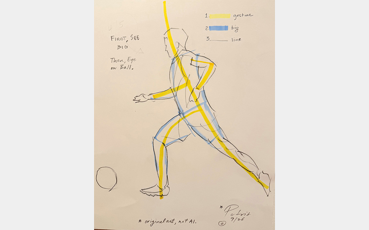 A notated pencil sketch of soccer player created with yellow, blue, and black lines.