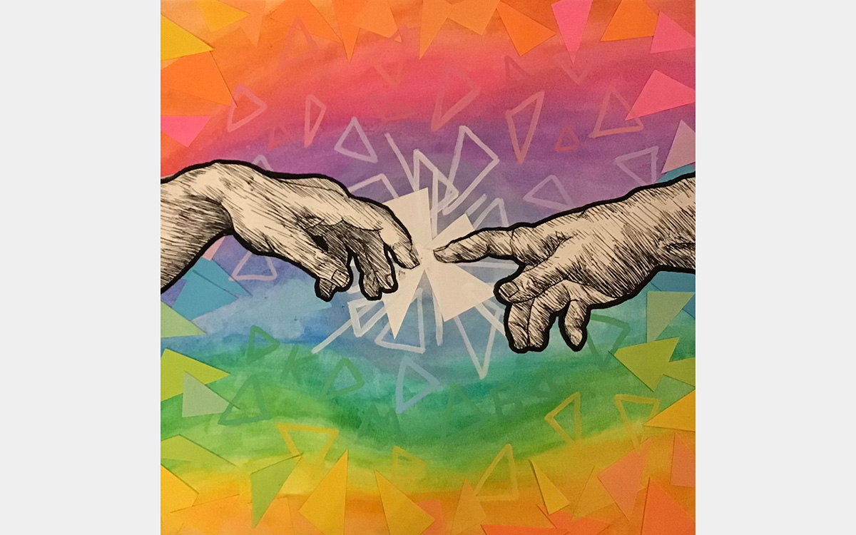 Two hands reach out, nearly touching their index fingers, against a bright colorful background.