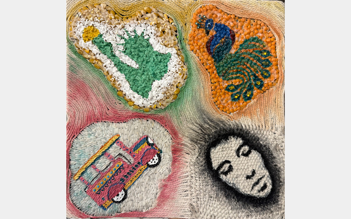 Images of a pink car, a green statue of liberty bust, a peacock, and a human face rendered in black and white -- textile.