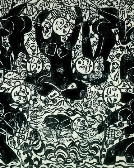 Five abstract figures of women surround an abstract figure of a baby laying in a cradle.