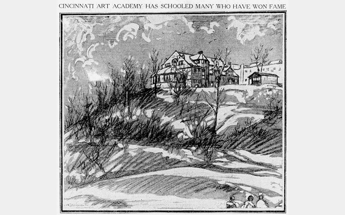 Black and white rendering of a building on a wooded hill -- kinduv spooky.