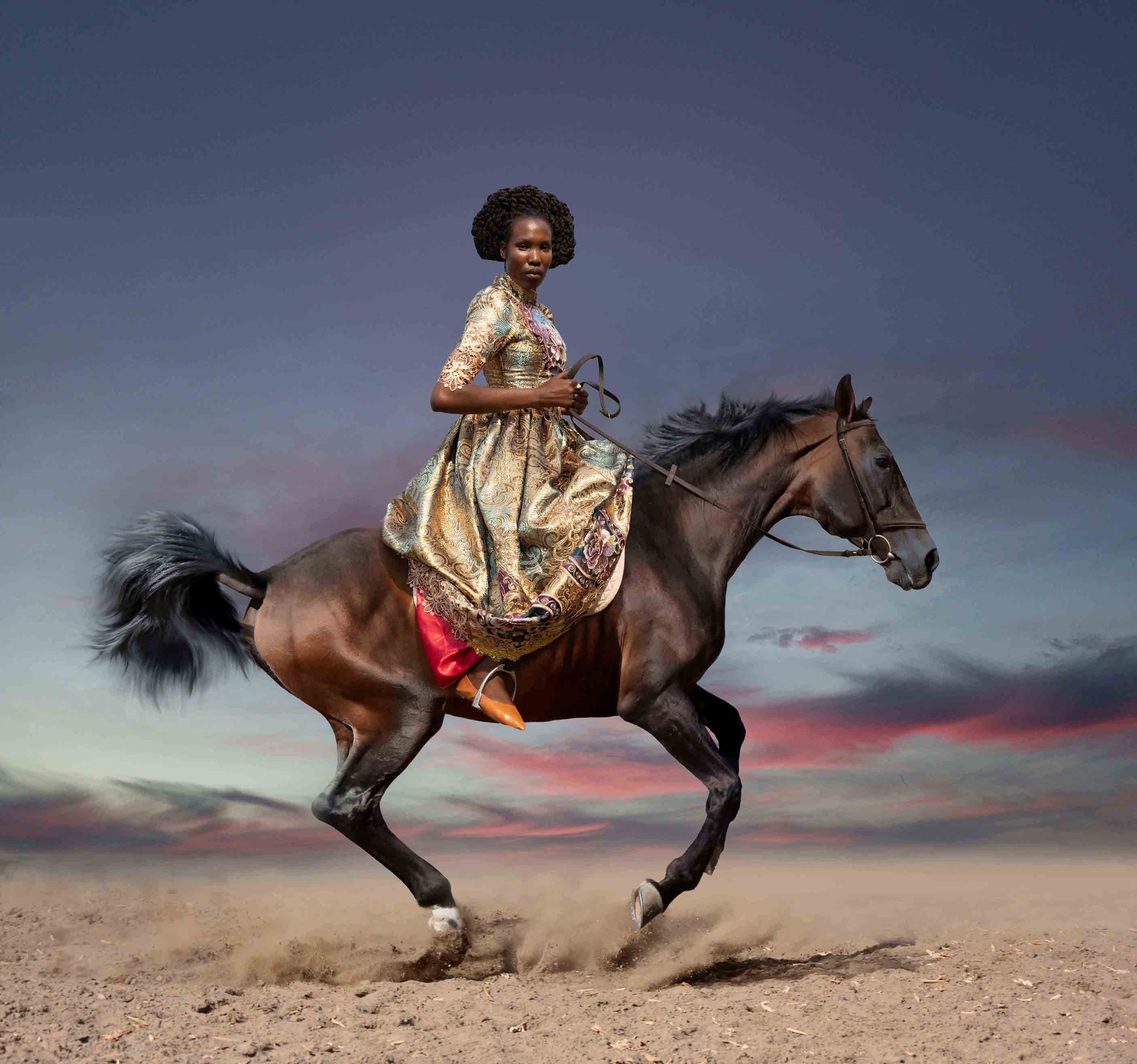 A Black woman wearing a shiny dress rides a horse