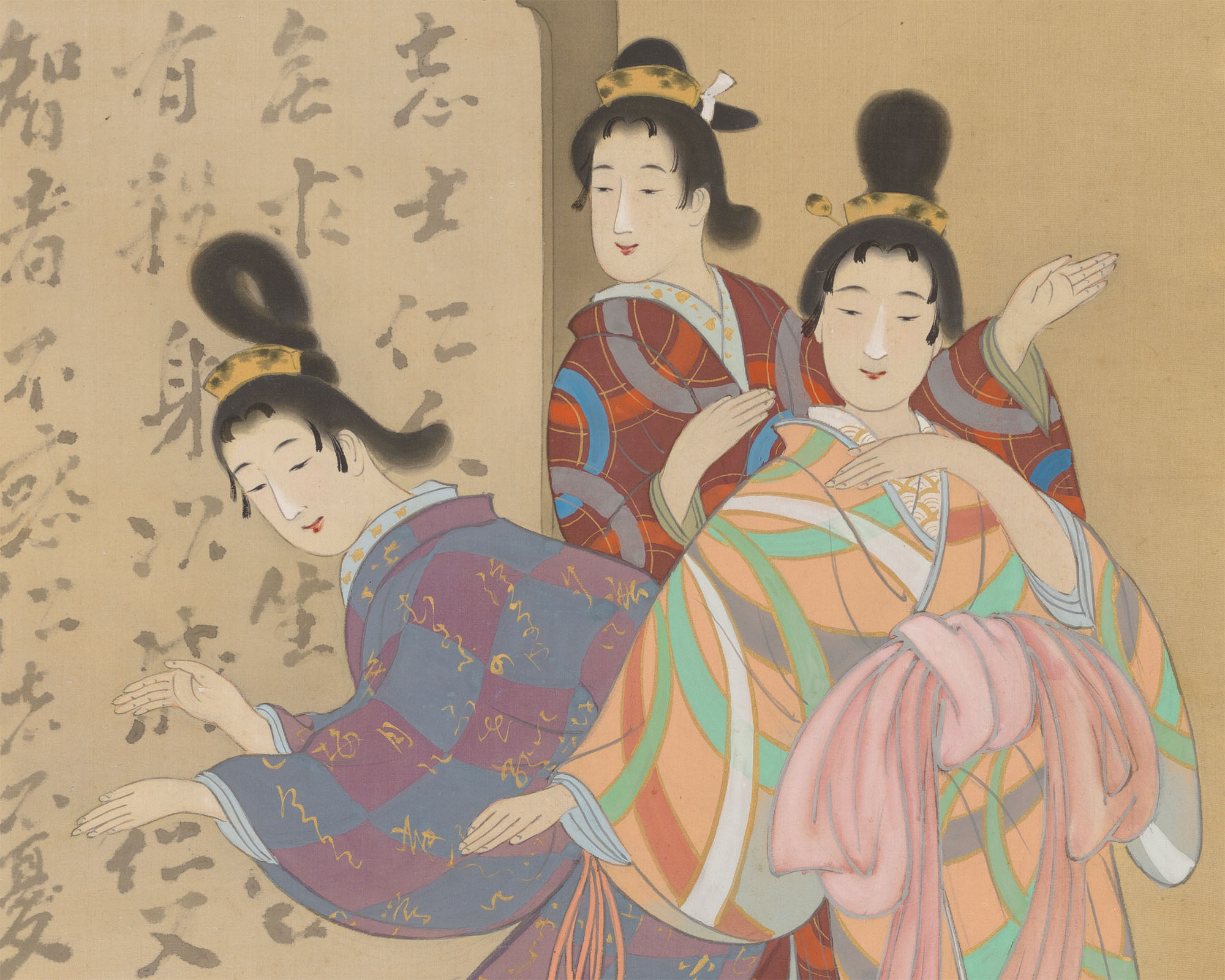 Three women in colorful kimonos smile and wave