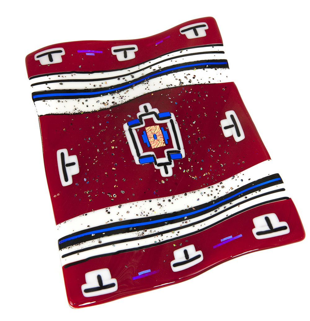 This form is also rectangular and looks like a woven blanket. The predominant color of this work is a deep cranberry red with scattered multi-colored speckles.