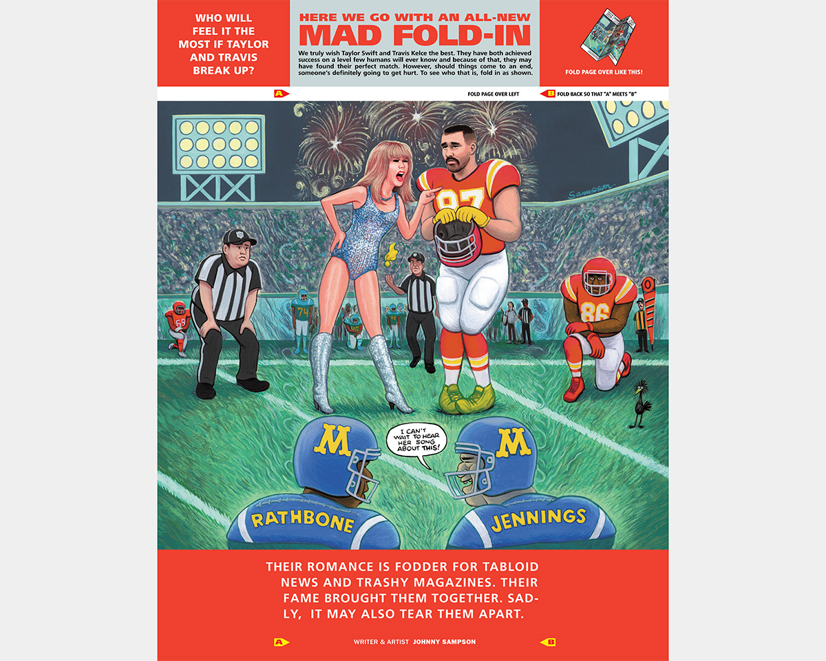 A page from a magazine with an illustration of Taylor Swift yelling at Travis Kelce
