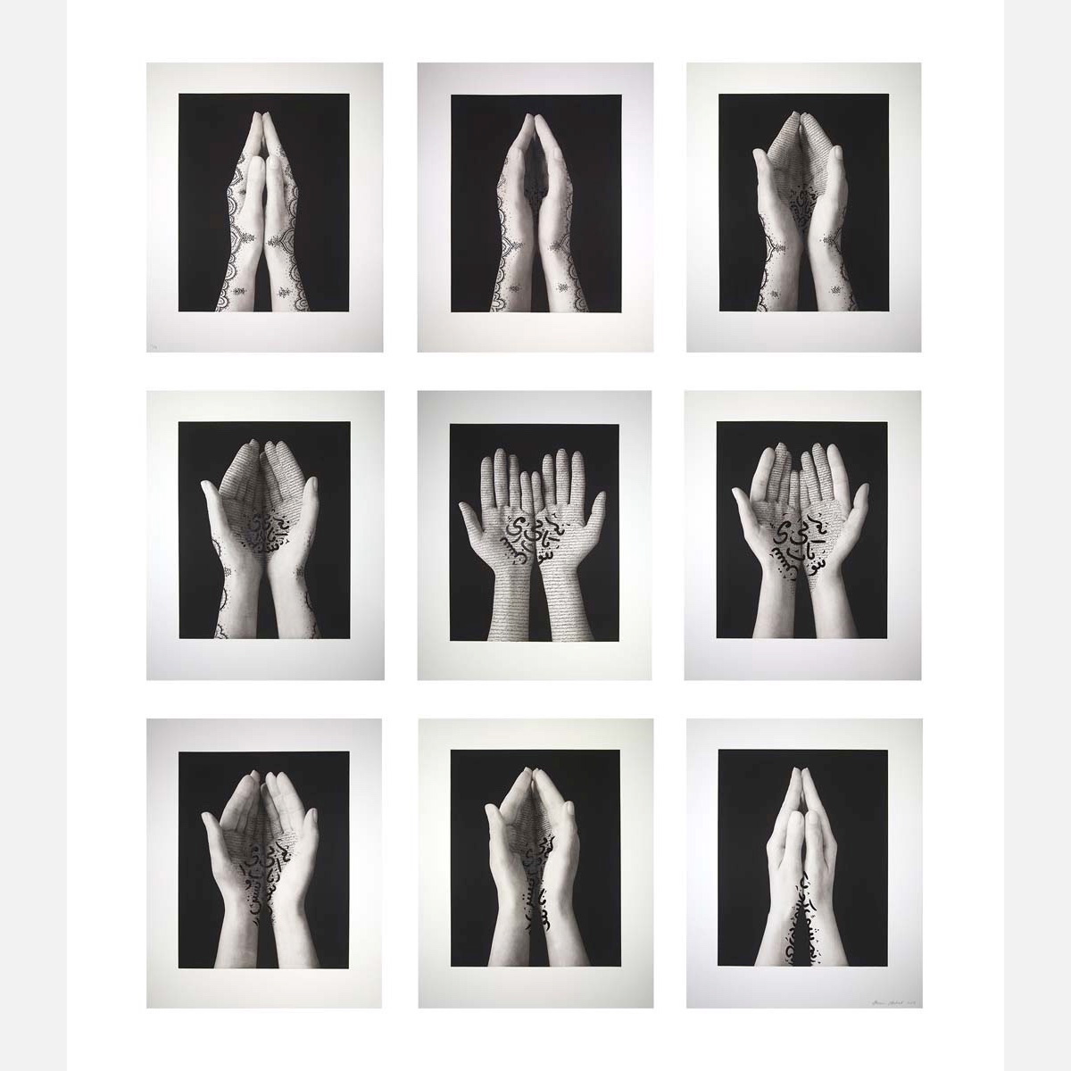 A series of nine photos where a pair of hands open to reveal Arabic writing and then close again