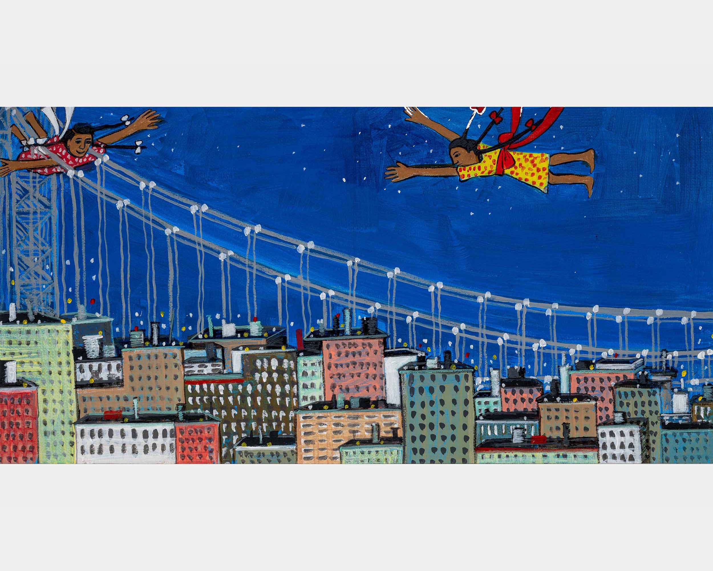 Two young Black girls fly in the sky over a city