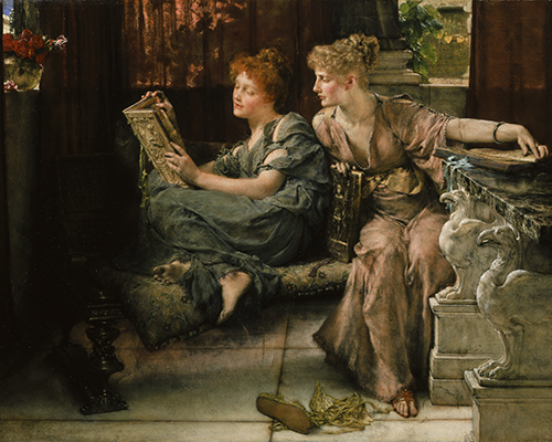 painting of two women reading a book