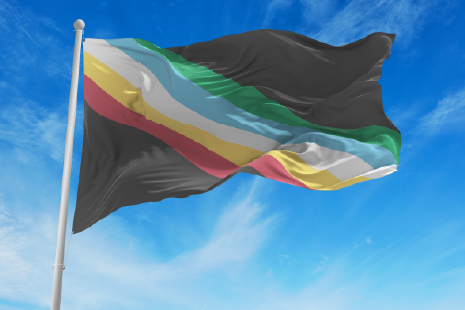 A flag with multi-colored diagonal stripes on black background flies on a flagpole.