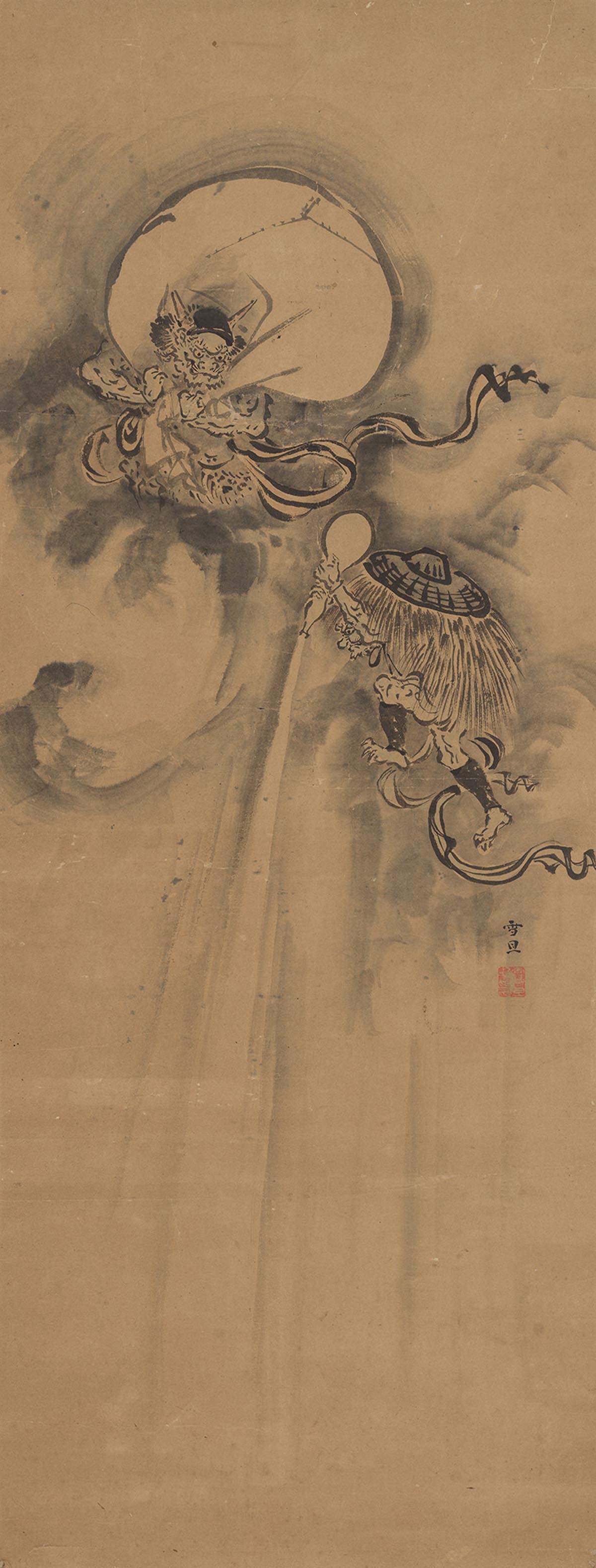 A person riding a jet of wind toward a dragon with a large inflated sack.