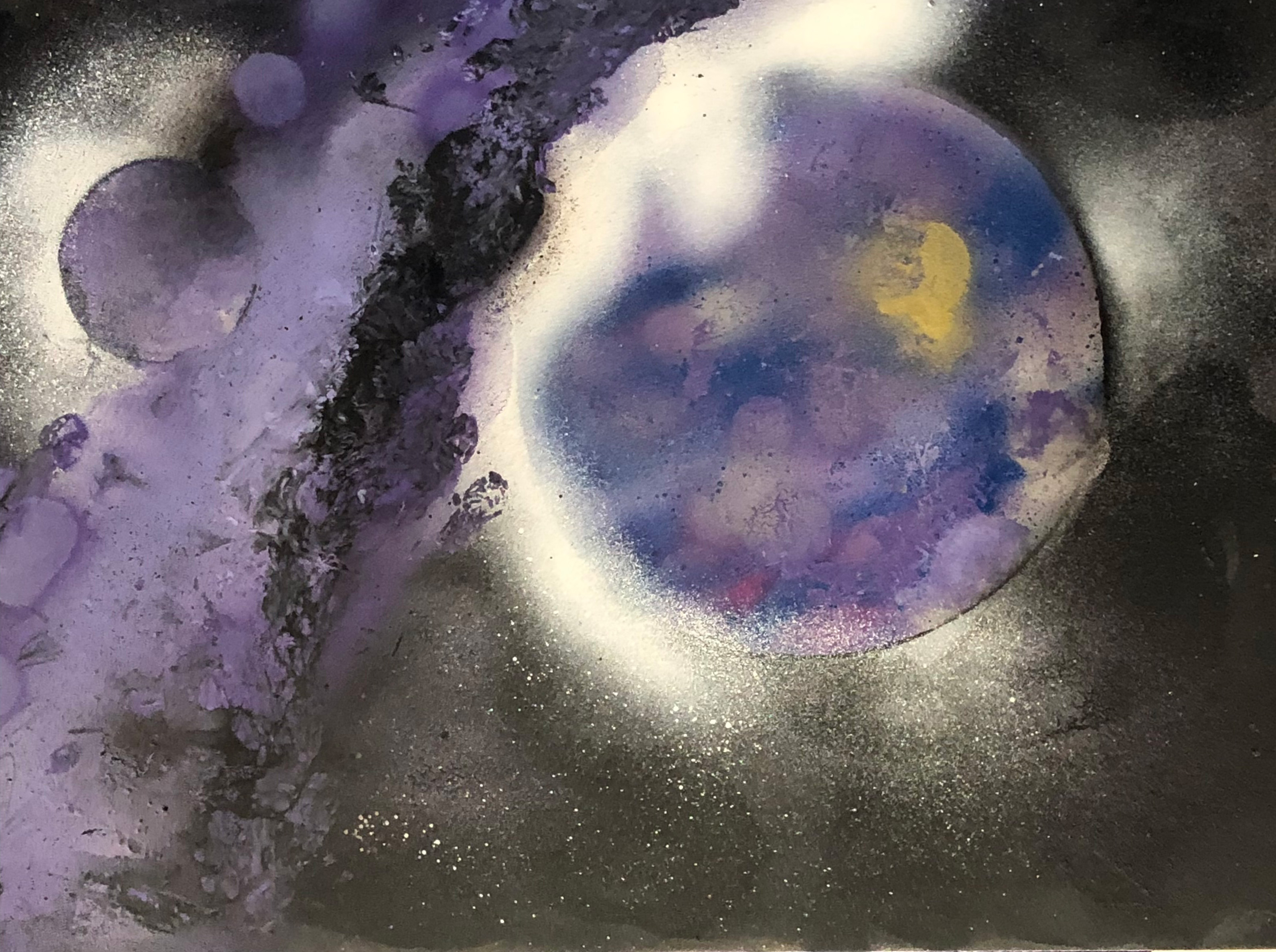 Purple, blue and yellow sphere with white haze surrounding it, floats along side of a brush stroke of indigo and black. A smaller indigo sphere with white haze floats on the right side of the piece. Blacks lined the edges of the piece in a gradient.