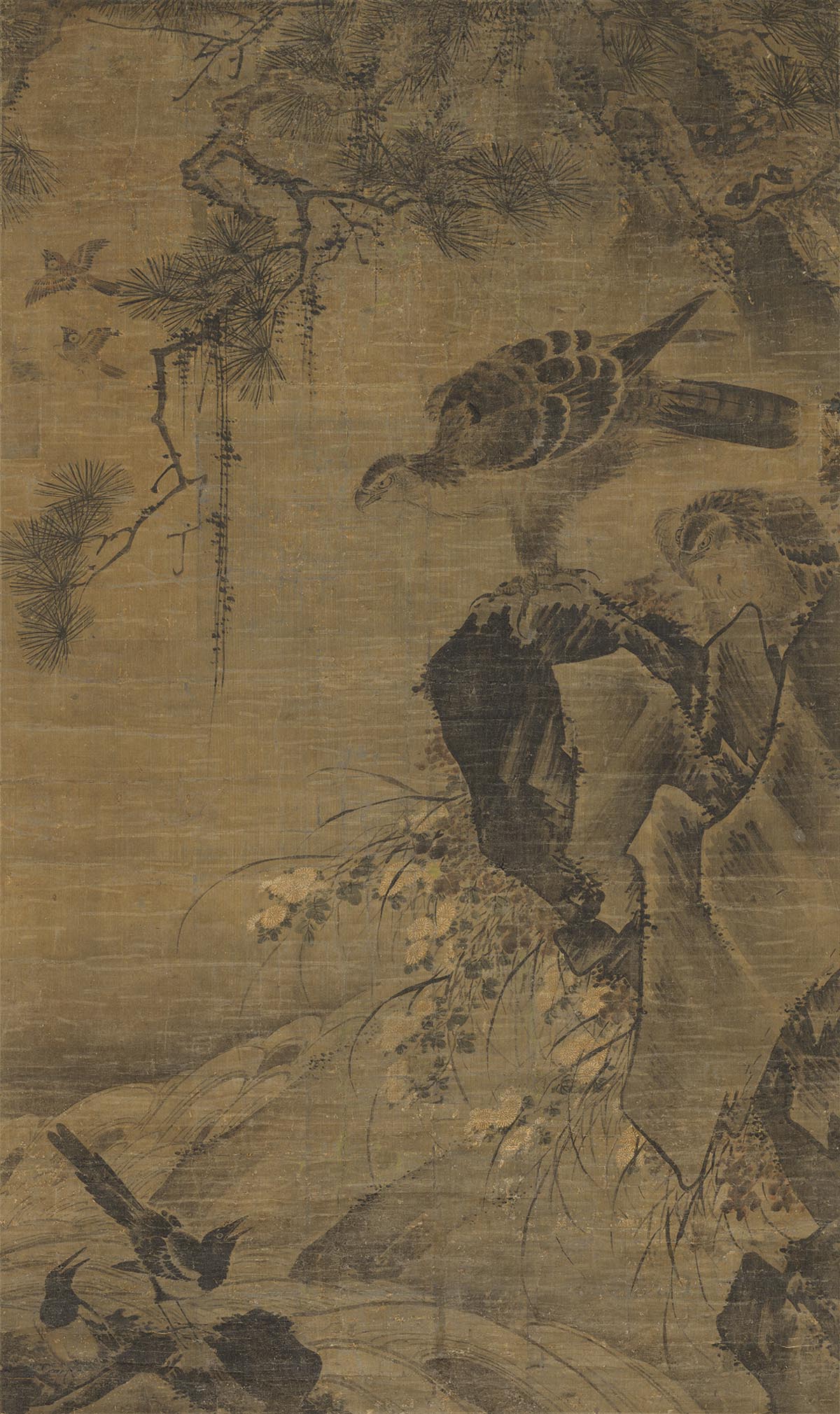 A scroll depicting two eagles staring downward at two magpies