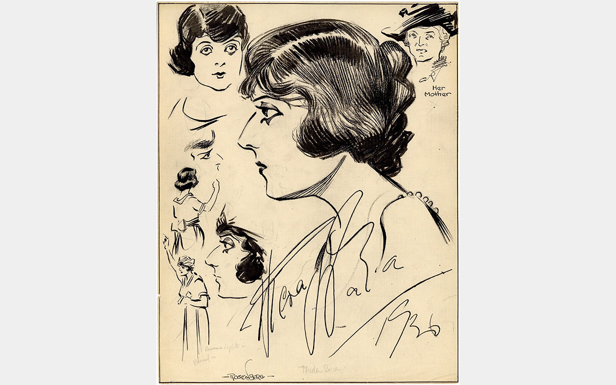 Black and white line drawings depicting various views of a woman's face and profile set against a light tan background.