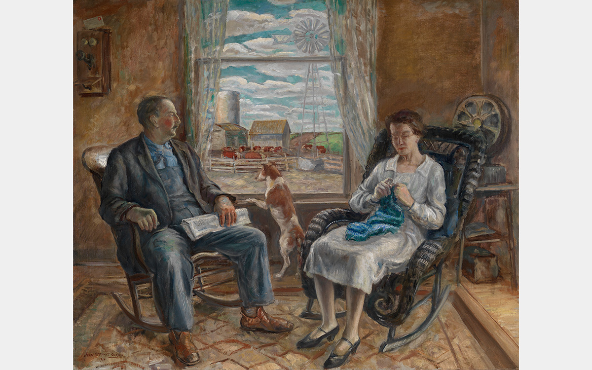 An indoor scene with a man and woman sitting in rocking chairs and a small dog looking out a window at a farm.