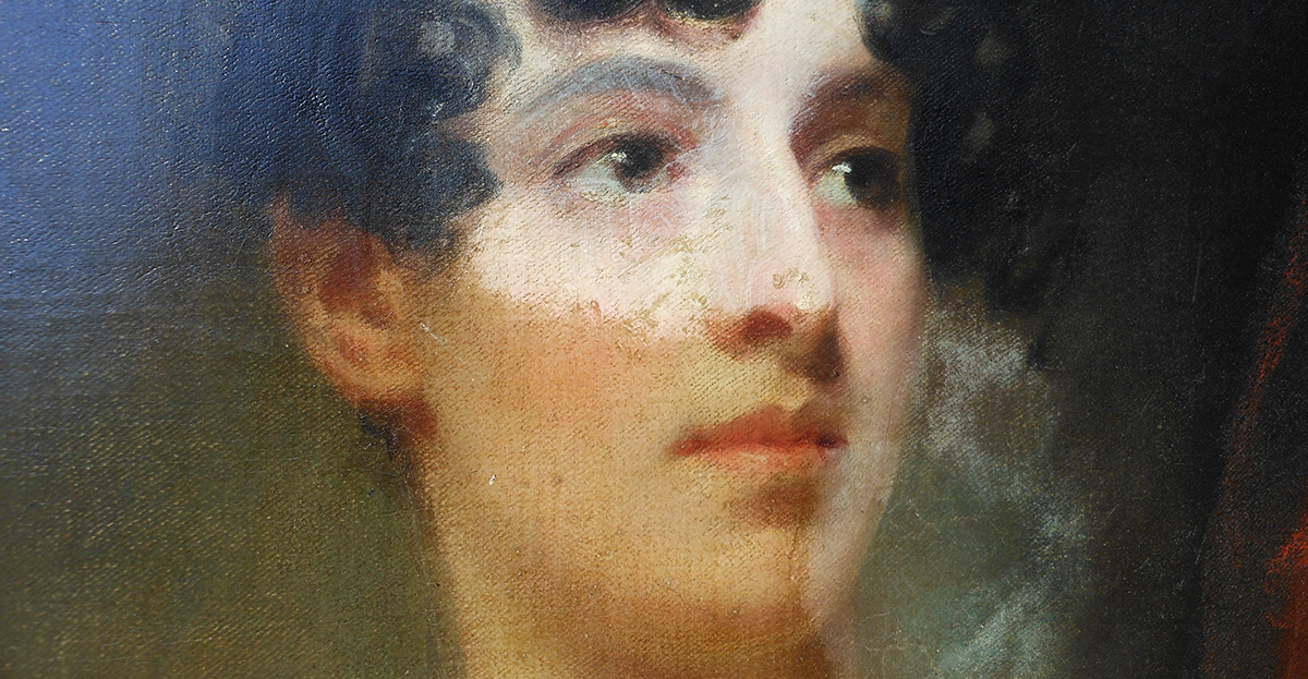 Close up of a painting of a white woman looking off the right side of the painting