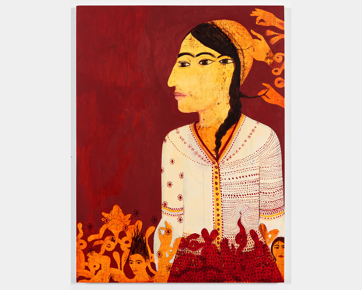 A woman with three eyes on a red background