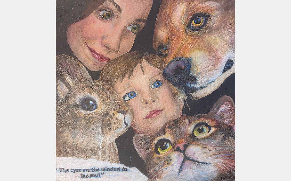 A child's face is surround by the face of a woman, a rabbit, and dog, and a cat.