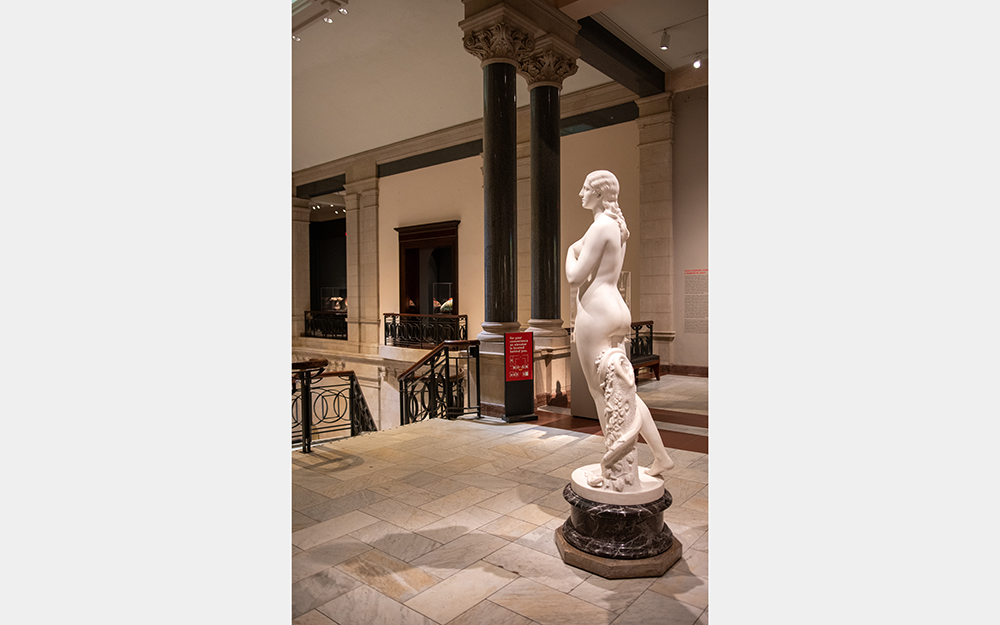 Another photo of the white sculpture looking out over the Great Hall