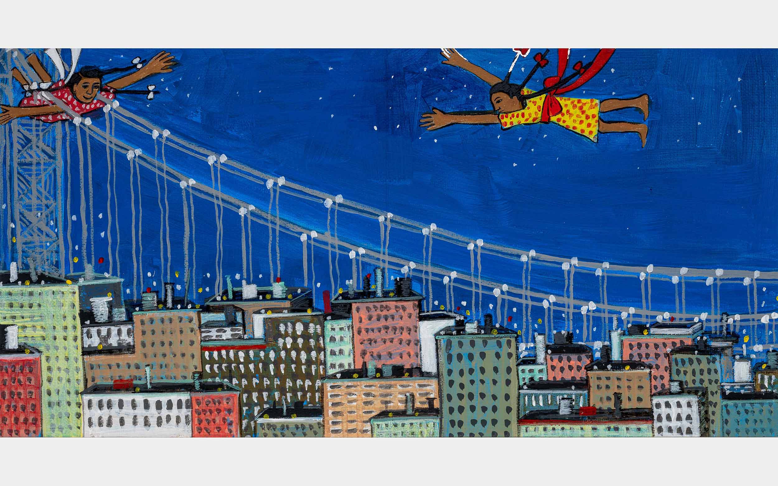 Two young Black girls fly in the sky over a city