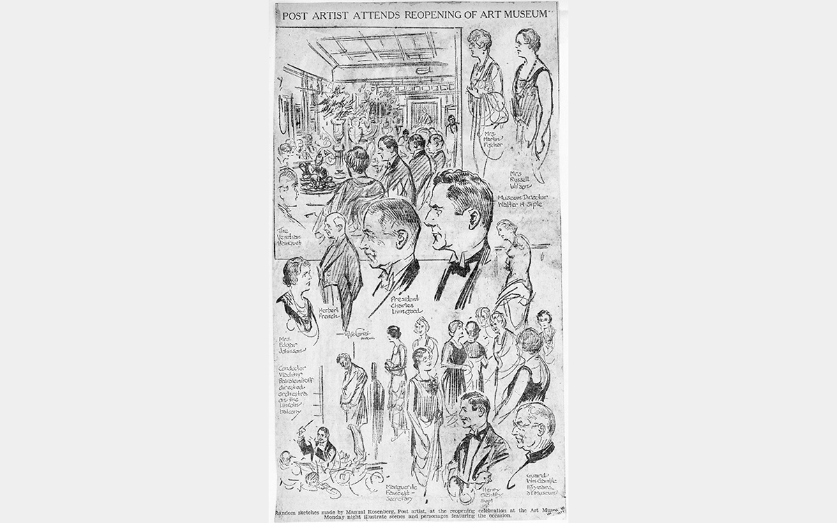 Black and white line drawings of profiles and full figures of people dressed in evening where from the 1930s