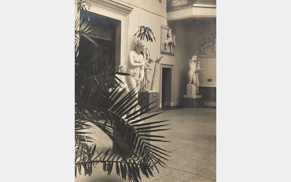 A sepia photograph of a sculpture of a nude woman behind a fern
